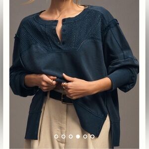 Anthropologie Pilcro Pintuck Sweatshirt Navy Blue Sz Medium Distressed Cropped